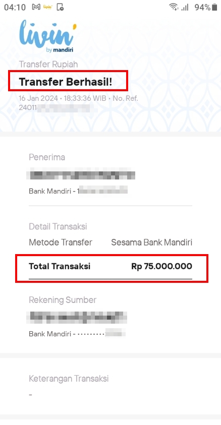 Salah satu bukti pembayaran di 8Togel